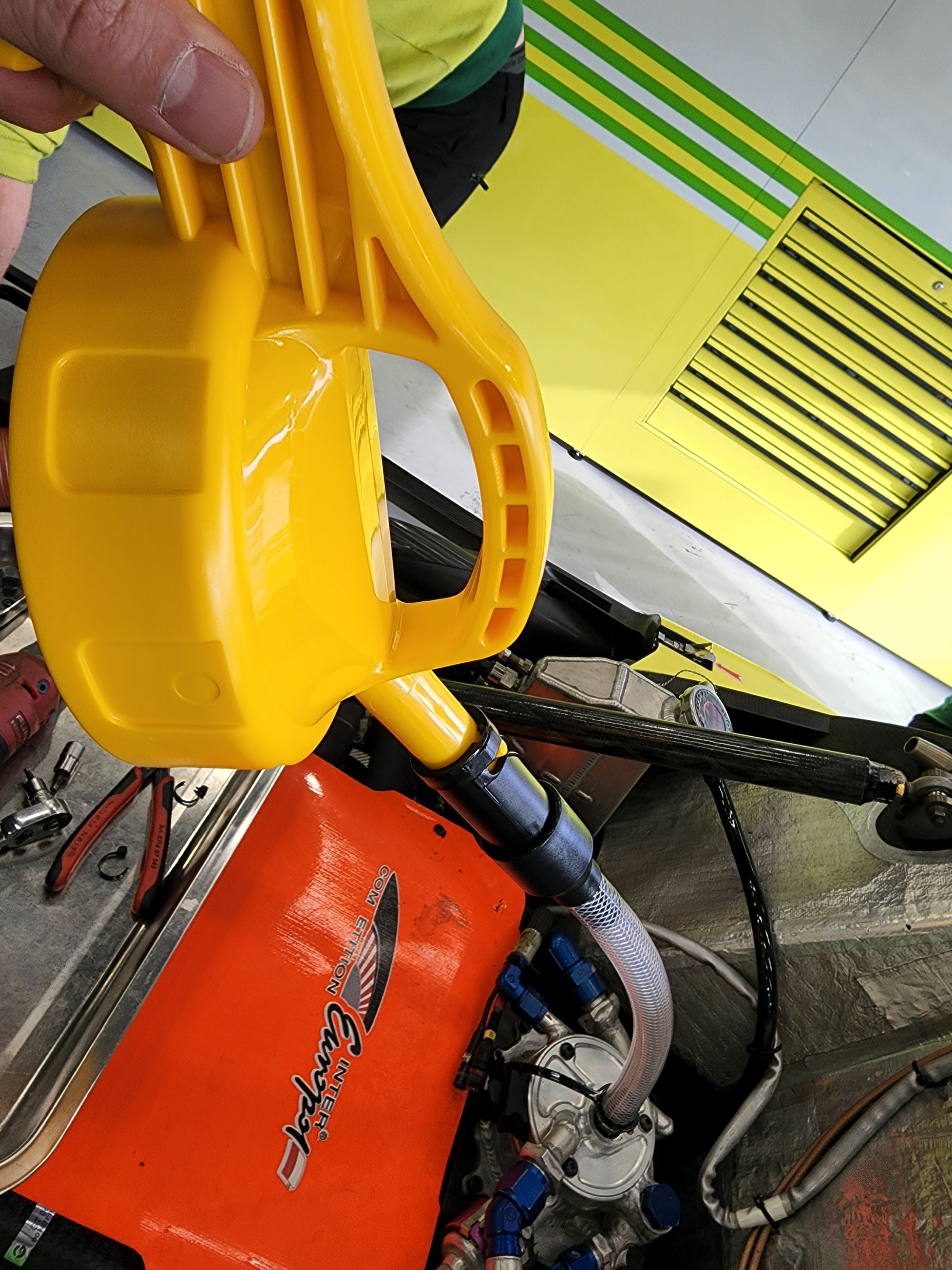 OilSafe Stumpy Spout transfer container from Driven Racing Shop with high-flow fluid transfer spout for automotive use.
