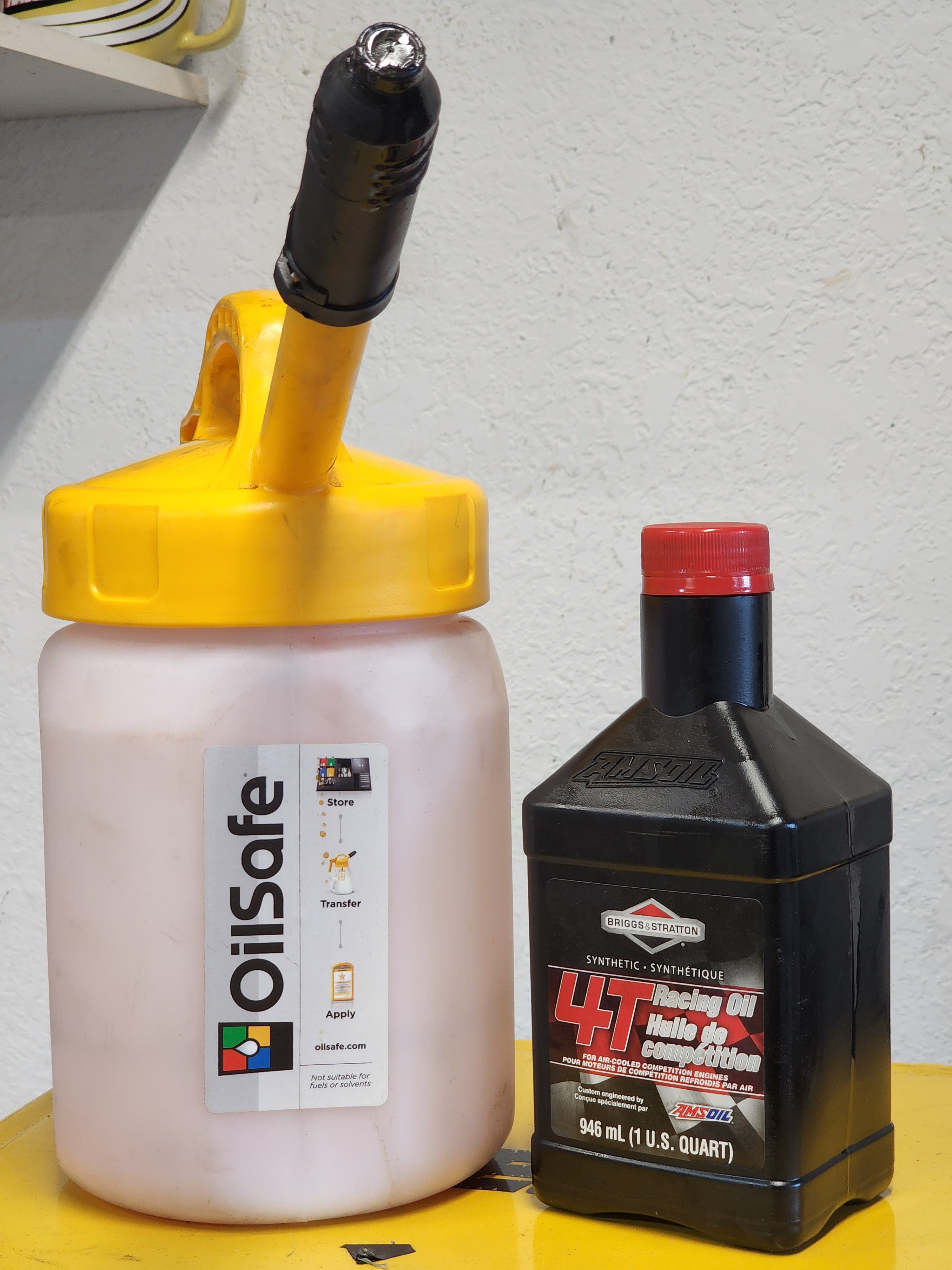 OilSafe Stumpy high-flow fluid transfer container spout by DRIVEN Racing Shop, designed for efficient oil and fluid transfer.