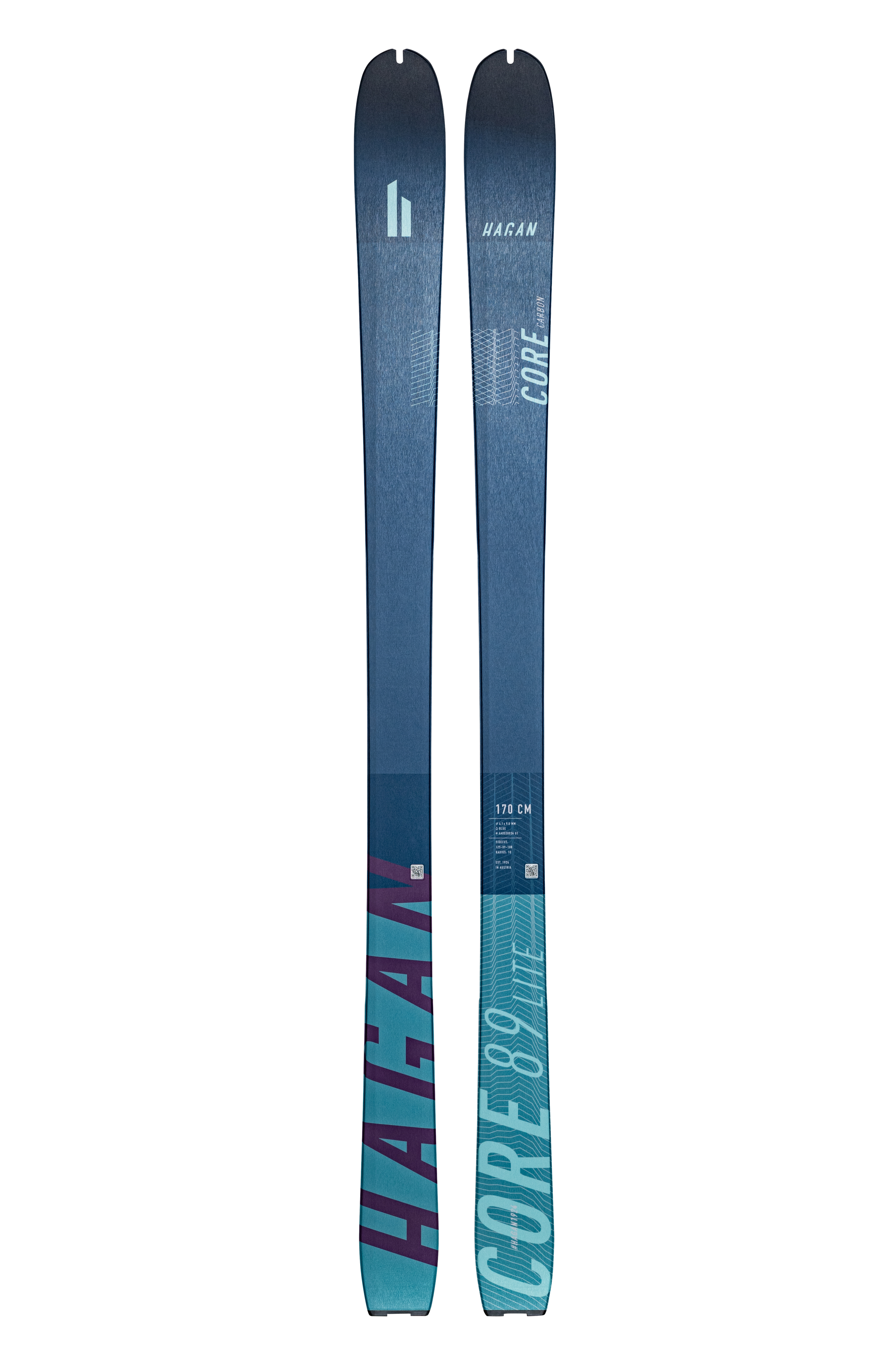 HAGAN Ski Mountaineering CORE Carbon 89 Lite skis, lightweight touring skis with a sleek black and red design, suitable for mountain adventures