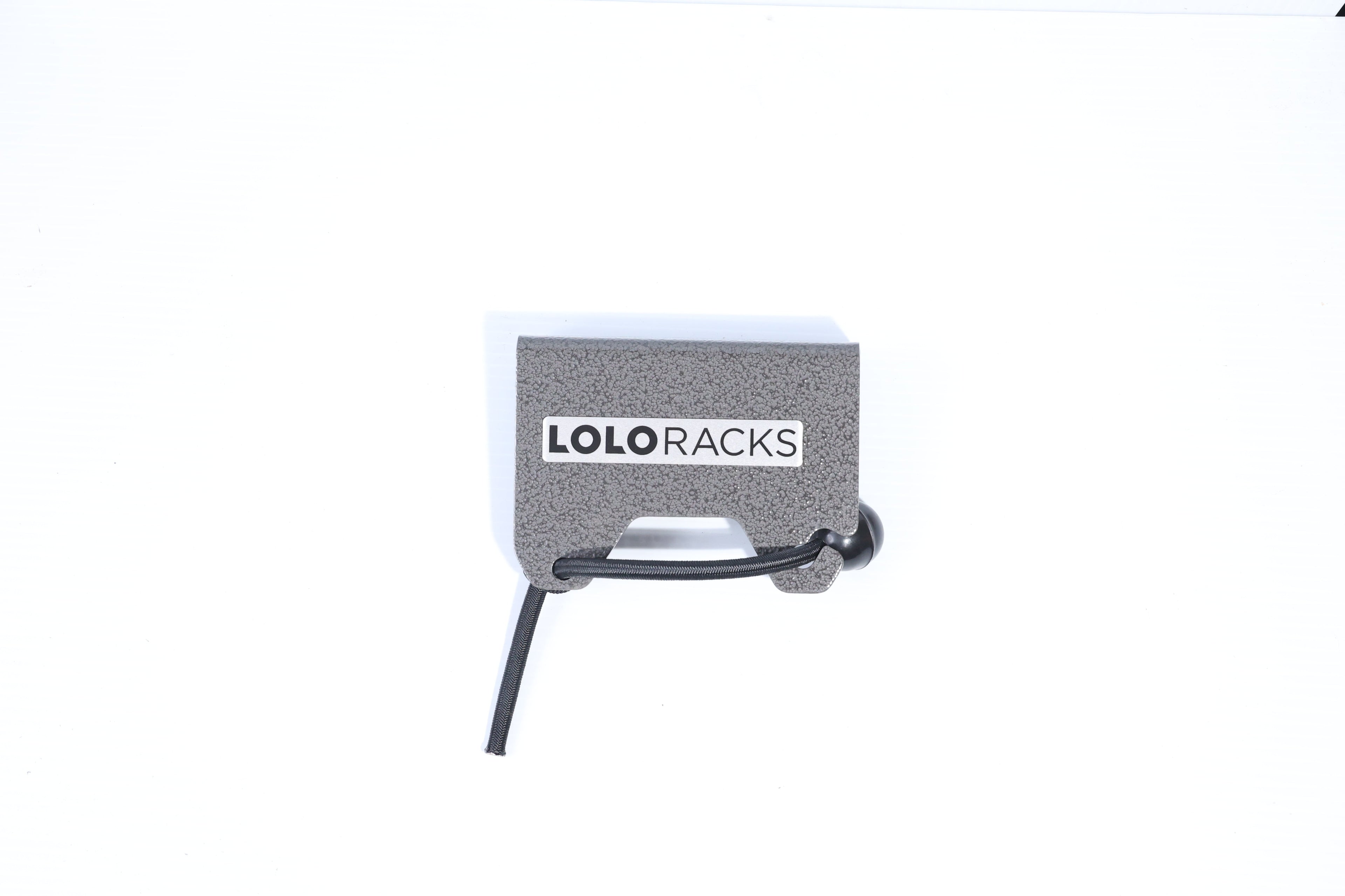 Lolo Racks DIY bike rack accessory with single rear tire mount, showcasing metal parts and mounting hardware for bicycle storage.