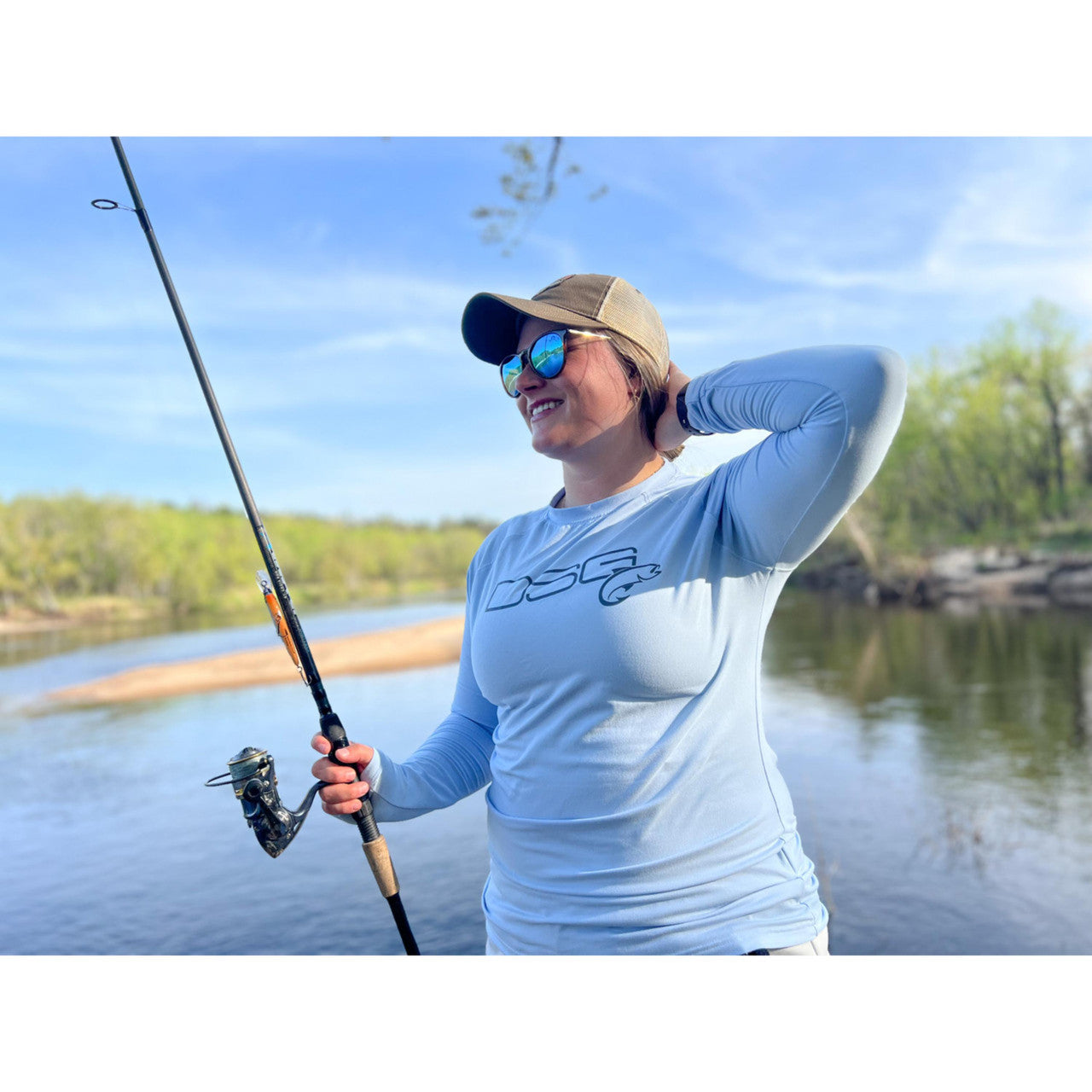 DSG OUTERWEAR solid fishing shirt with UPF 50+ sun protection, shown in a lightweight, breathable fabric ideal for outdoor fishing.