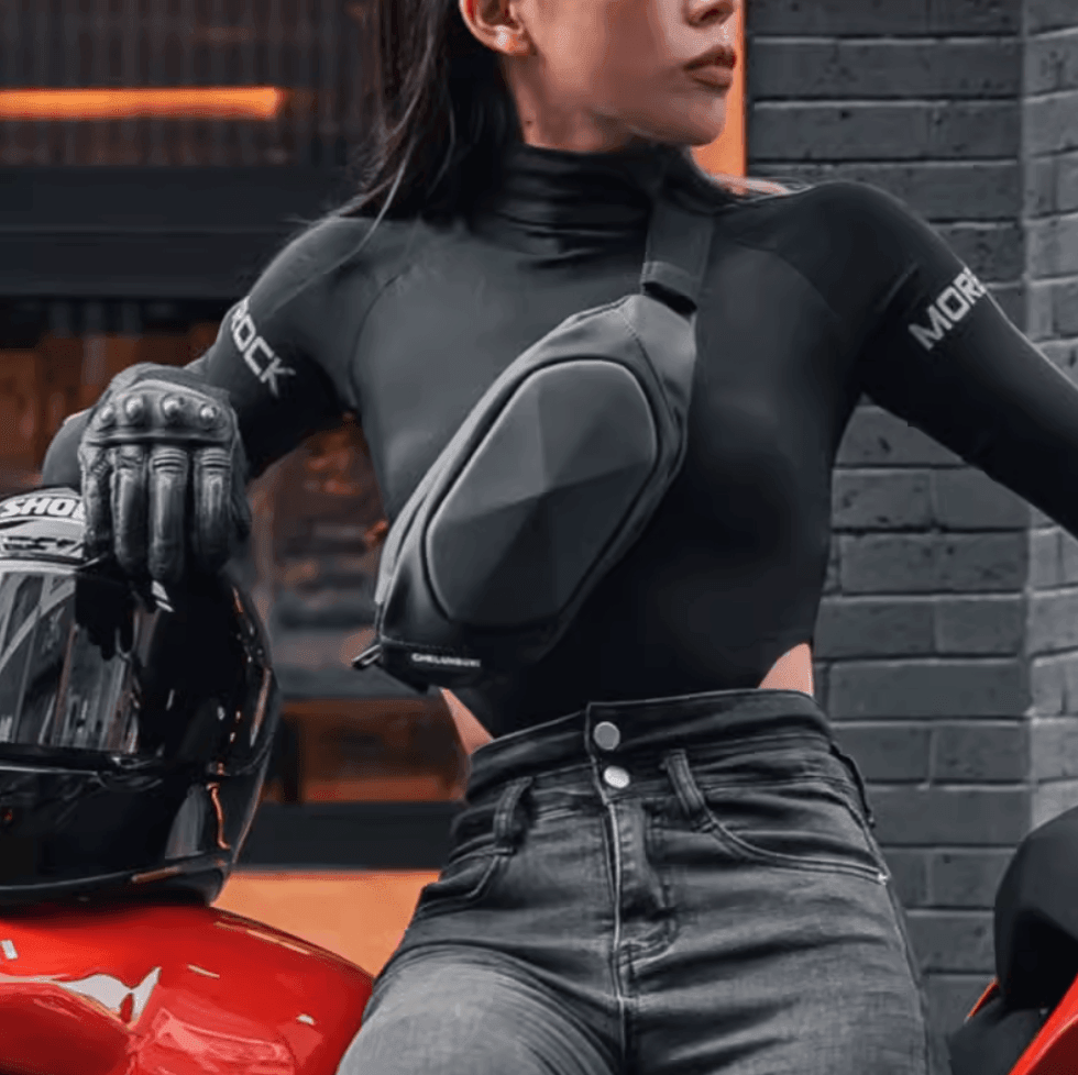 Black Knight motorcycle chest bag by Bean's Moto Booth, durable black leather with adjustable straps for motorcycle riding.