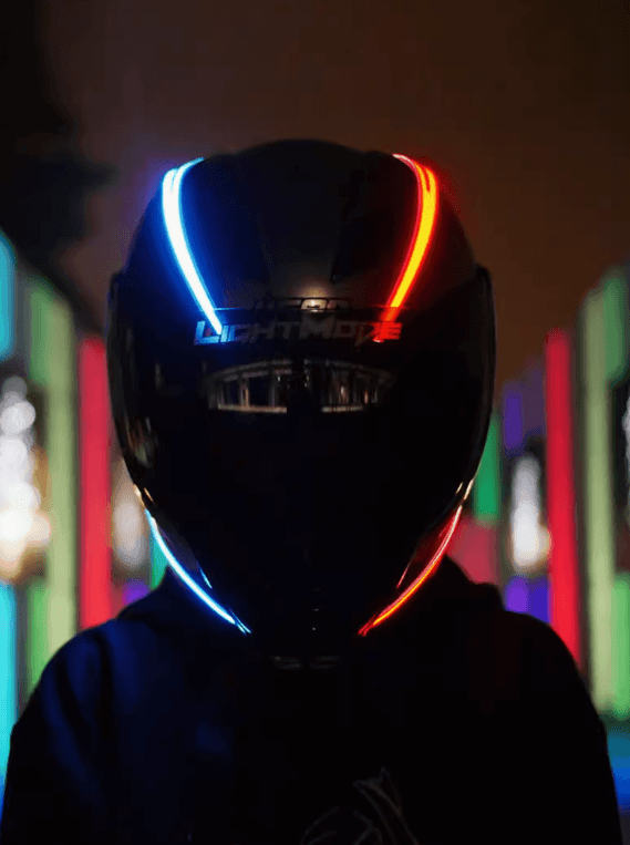 Waterproof rechargeable motorcycle helmet light strip by Bean's Moto Booth, designed as a sci-fi helmet accessory for enhanced visibility.