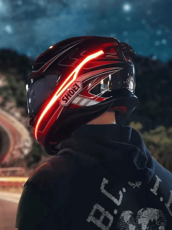 Bean's Moto Booth sci-fi waterproof rechargeable motorcycle helmet light strip attached to helmet for visibility and style.