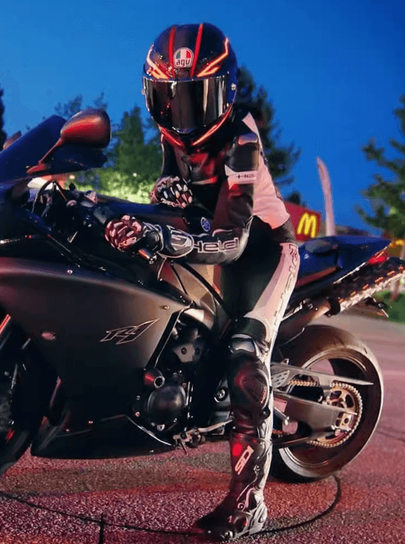 Waterproof rechargeable motorcycle helmet light strip by Bean's Moto Booth, designed as a sci-fi inspired helmet accessory for visibility.