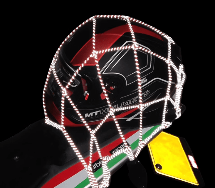 Bean's Moto Booth motorcycle helmet storage net for tools, designed to securely hold helmets and accessories on bikes.