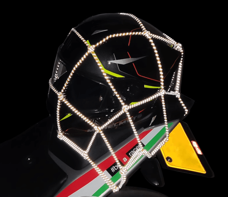 Bean's Moto Booth motorcycle helmet storage net for easy organization and secure storage of helmets on motorcycles.