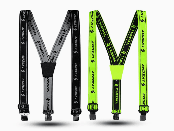 Black LYSCHY™ motorcycle riding pants suspenders with adjustable straps and metal clips, designed for secure riding comfort.