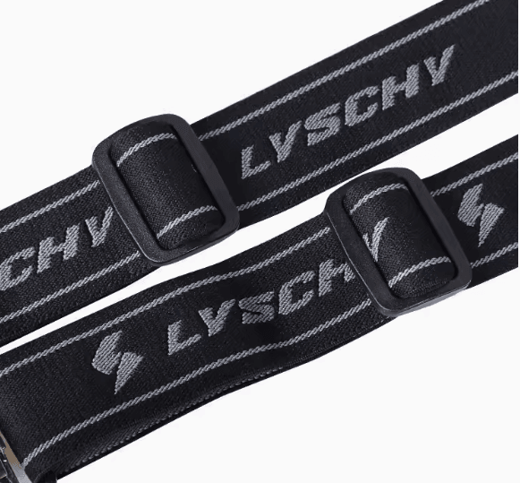 Black LYSCHY™ motorcycle riding pants suspenders with adjustable straps and clip fasteners, designed for secure riding comfort.