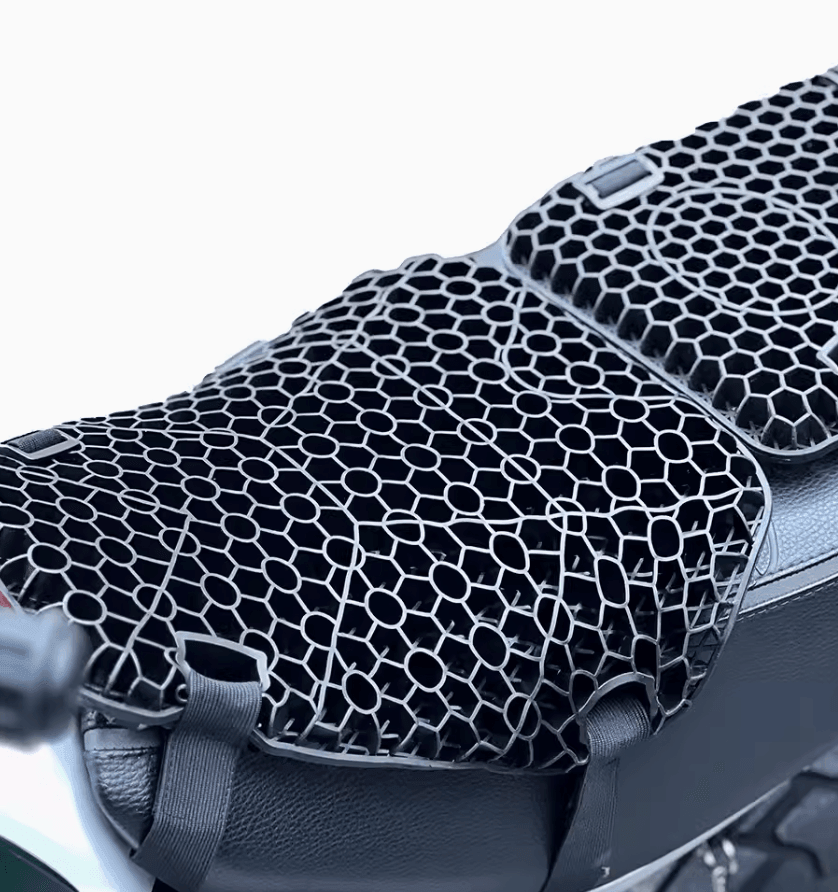 Bean's Moto Booth motorcycle seat cushion with honeycomb technology, shock absorption, and breathable design for rider comfort.