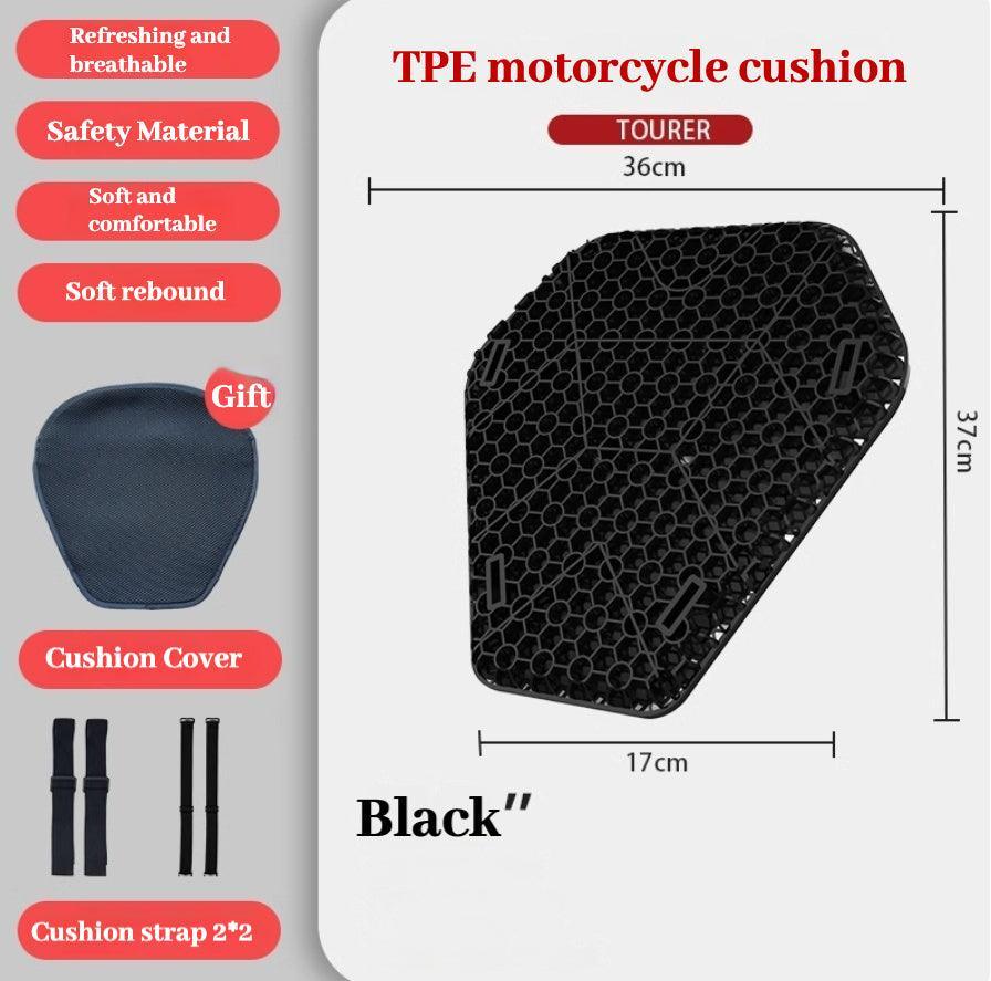 Bean's Moto Booth motorcycle seat cushion with honeycomb technology, shock-absorbing and breathable for enhanced riding comfort.