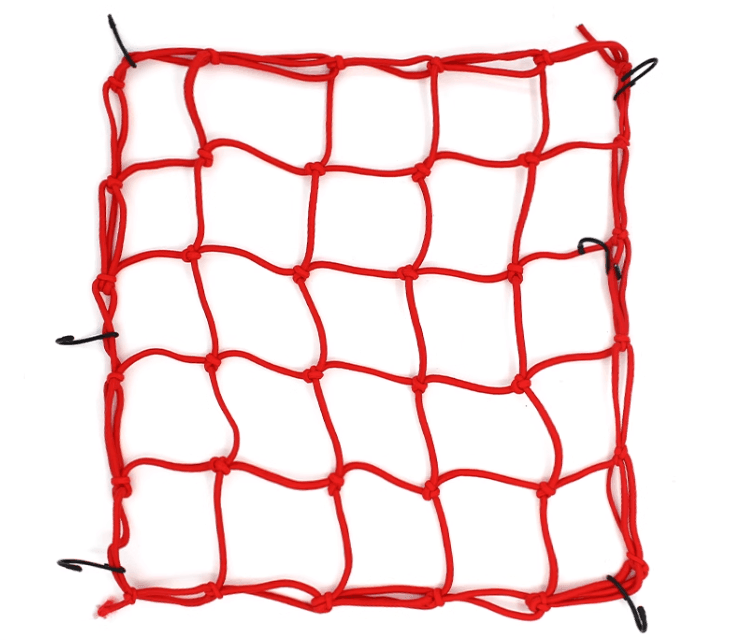 Bean's Moto Booth motorcycle helmet storage net for tools, with elastic straps and mesh design for secure helmet and gear organization.