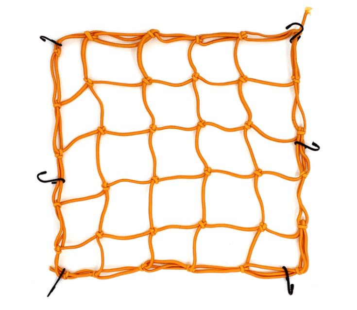 Bean's Moto Booth motorcycle helmet storage net attached to a motorcycle, designed for secure helmet organization and easy access.