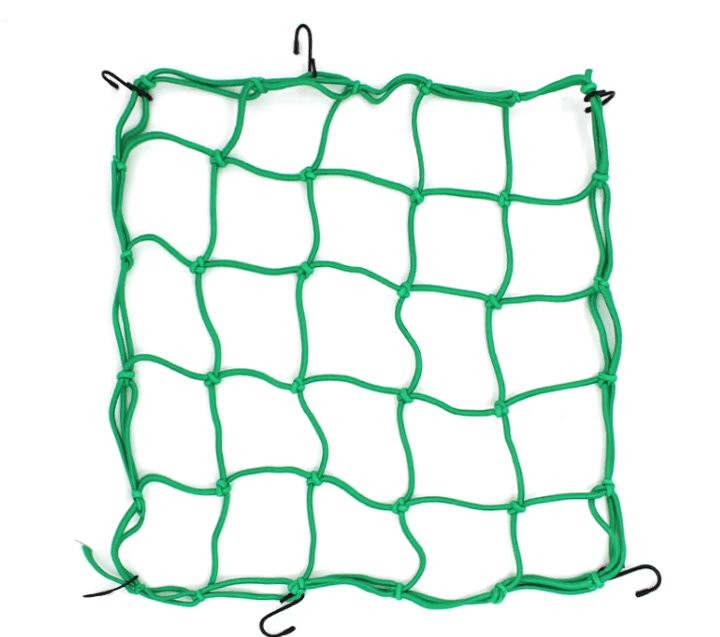 Bean's Moto Booth motorcycle helmet storage net for tools, shown holding a helmet securely with adjustable straps.