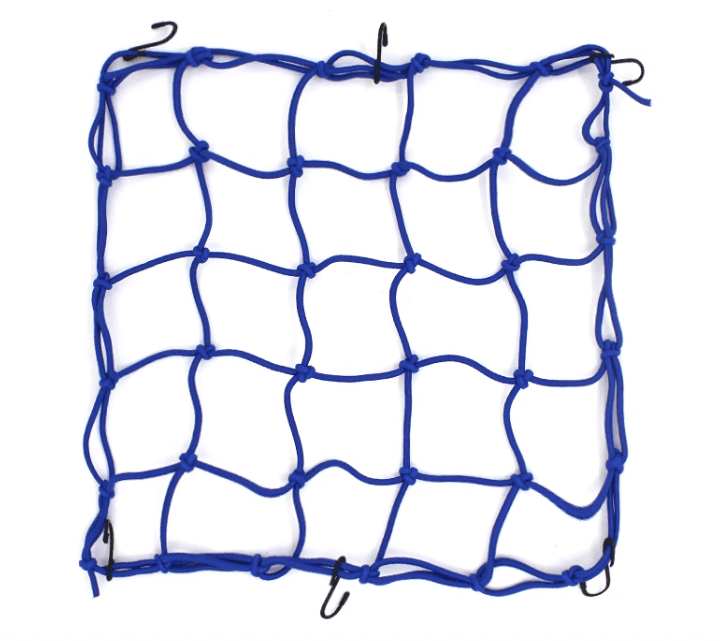 Bean's Moto Booth motorcycle helmet storage net shown in use on a helmet, designed for secure motorcycle tools organization.