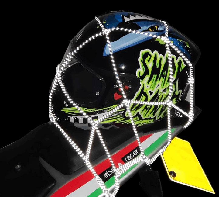Bean's Moto Booth motorcycle helmet storage net for tools, designed to secure helmets and accessories on motorcycles.