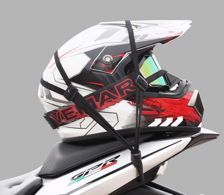 Bean's Moto Booth motorcycle helmet storage net mounted on a wall, designed for secure and organized helmet storage.