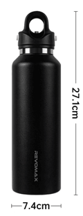 Bean's Moto Booth REVOMAX™ motorcycle travel thermos with one-handed opening, stainless steel design, and leak-proof lid.
