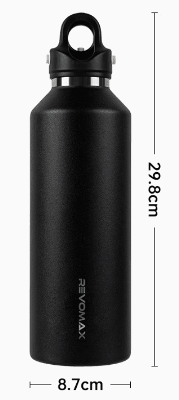 Bean's Moto Booth REVOMAX™ motorcycle travel thermos with one-handed opening, showcasing its sleek design and durable construction.