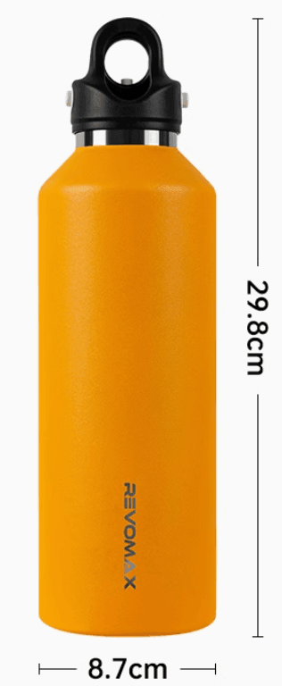 Bean's Moto Booth REVOMAX™ one-handed opening motorcycle travel thermos with black body and silver lid, ideal for on-the-go hydration.