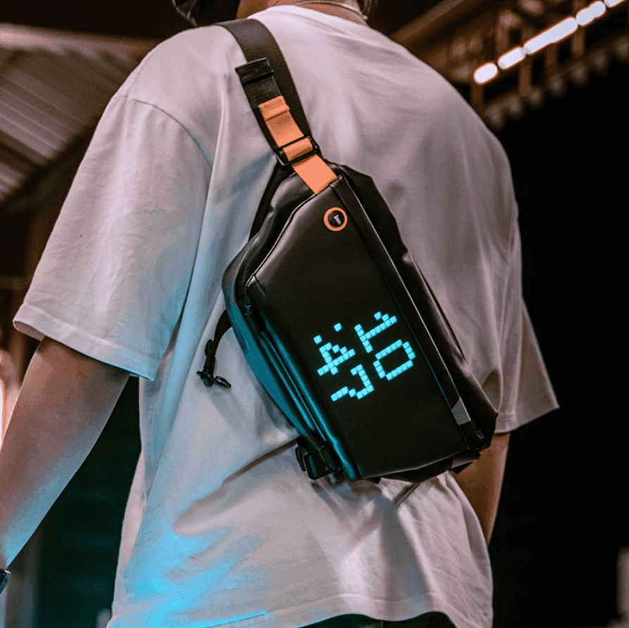 Divoom LED Pixel crossbody fanny pack for motorcycles, black with colorful pixel design, designed by Bean's Moto Booth.