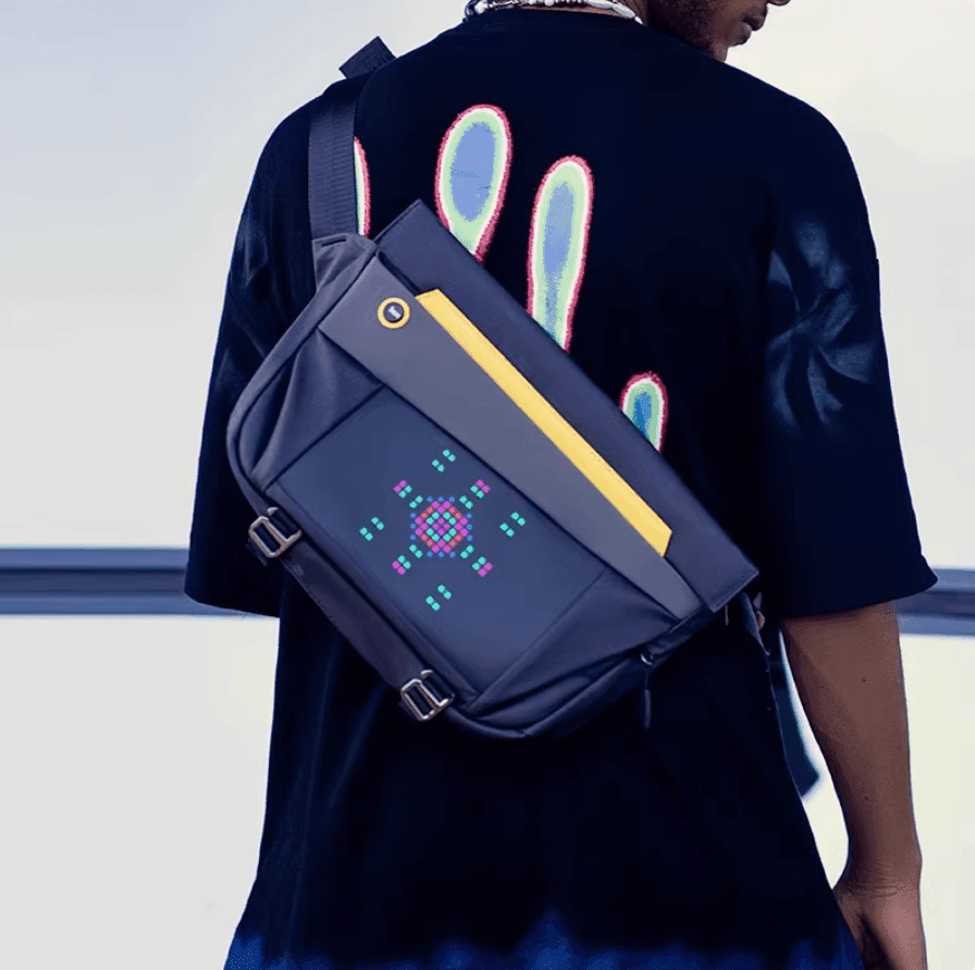 Bean's Moto Booth Divoom LED Pixel Crossbody Fanny Pack for motorcycles, featuring vibrant LED pixel design and adjustable strap.