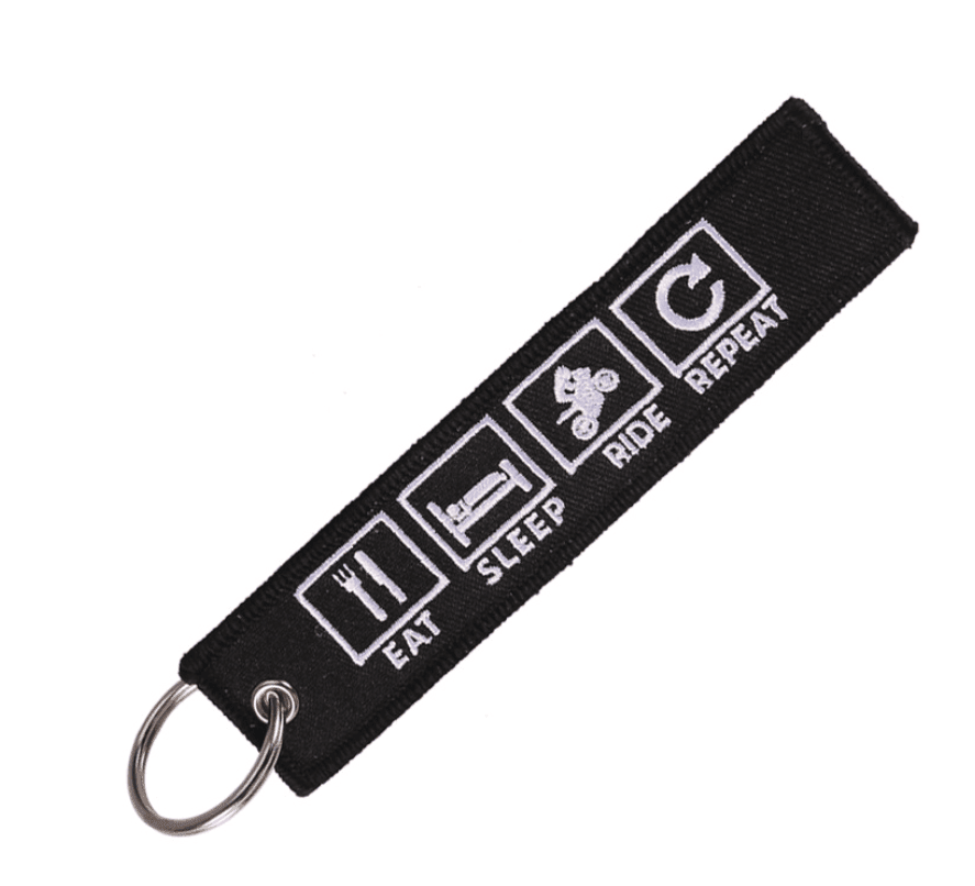 Embroidered motorcycle keychain decor by Bean's Moto Booth with detailed stitching and vibrant colors.