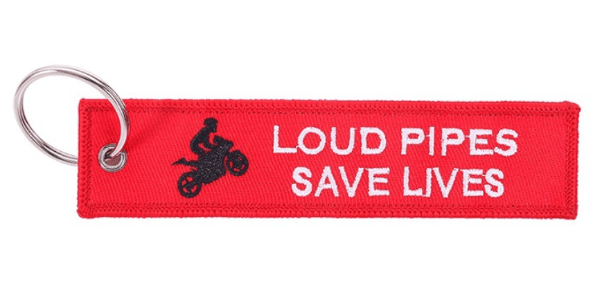 Embroidered motorcycle keychain decor by Bean's Moto Booth featuring detailed stitching and vibrant colors.
