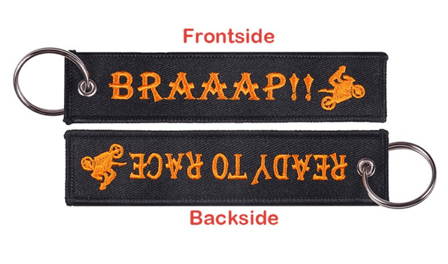 Embroidered motorcycle keychain decor by Bean's Moto Booth featuring detailed stitching and vibrant colors.