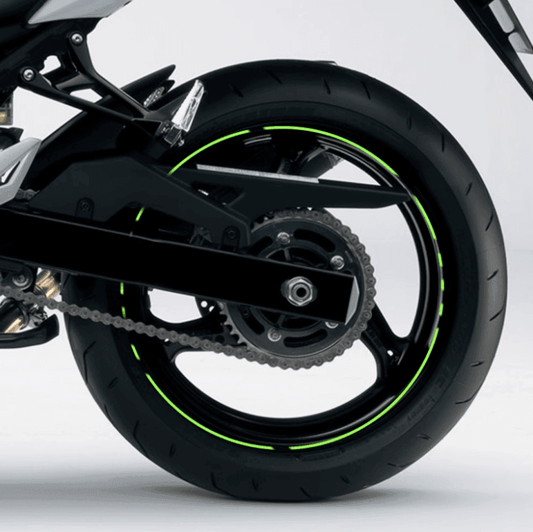 Neon green reflective rim tape for motorcycles, designed to enhance visibility and style on motorcycle wheels.