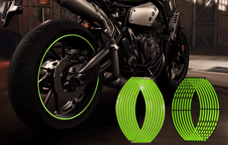 Neon green reflective rim tape for motorcycles, showing close-up of product with vibrant color and reflective surface for high visibility.
