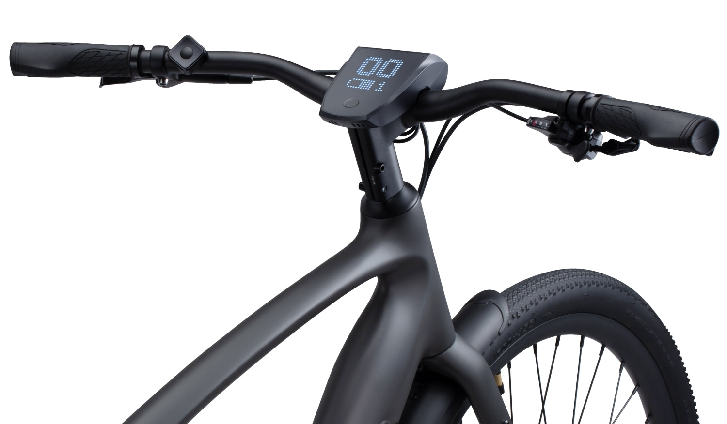 Rex E-Bikes Urtopia Carbon 1 Pro E-Bike with sleek black frame, alloy wheels, and handlebar display for urban commuting.