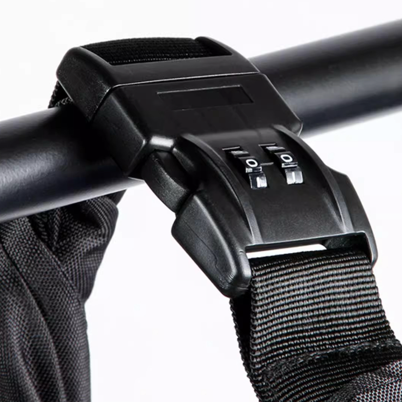 Bean's Moto Booth portable motorcycle helmet storage bag with code lock, compact and secure for travel and storage.