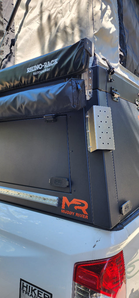 Muddy River Outdoors ambidextrous mount for 5lb and 11lb propane tanks, designed for camping and hiking gear.
