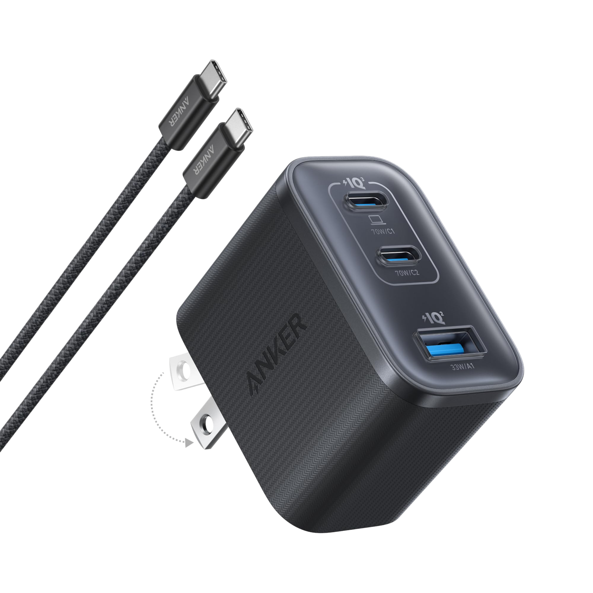 Anker Nano Charger with 70W power and three USB ports, compact design for fast charging multiple devices.