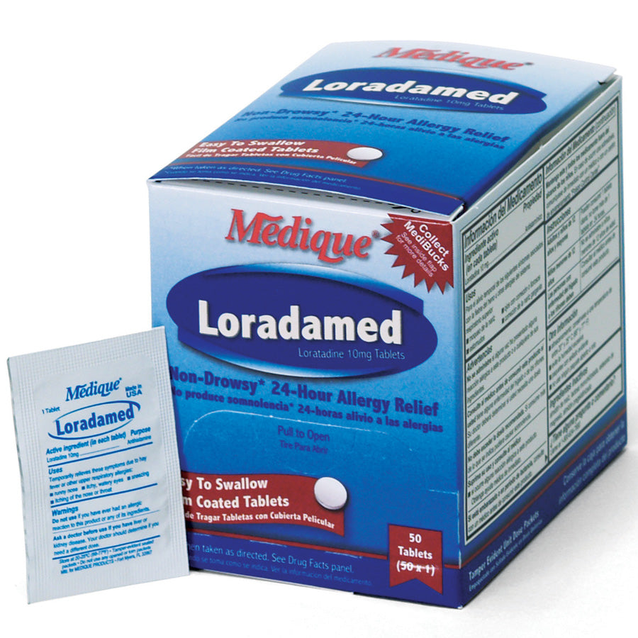 Non-drowsy Loradamed medicine box with 50 tablets, designed for effective relief, from Quakekits.com.