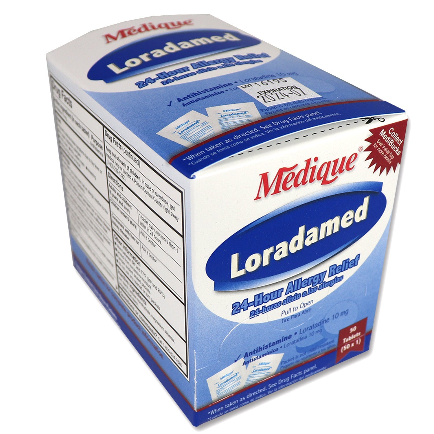 Non-drowsy medicine box from Loradamed, 50 tablets per box, for relief of cold and flu symptoms, produced by Loradamed.