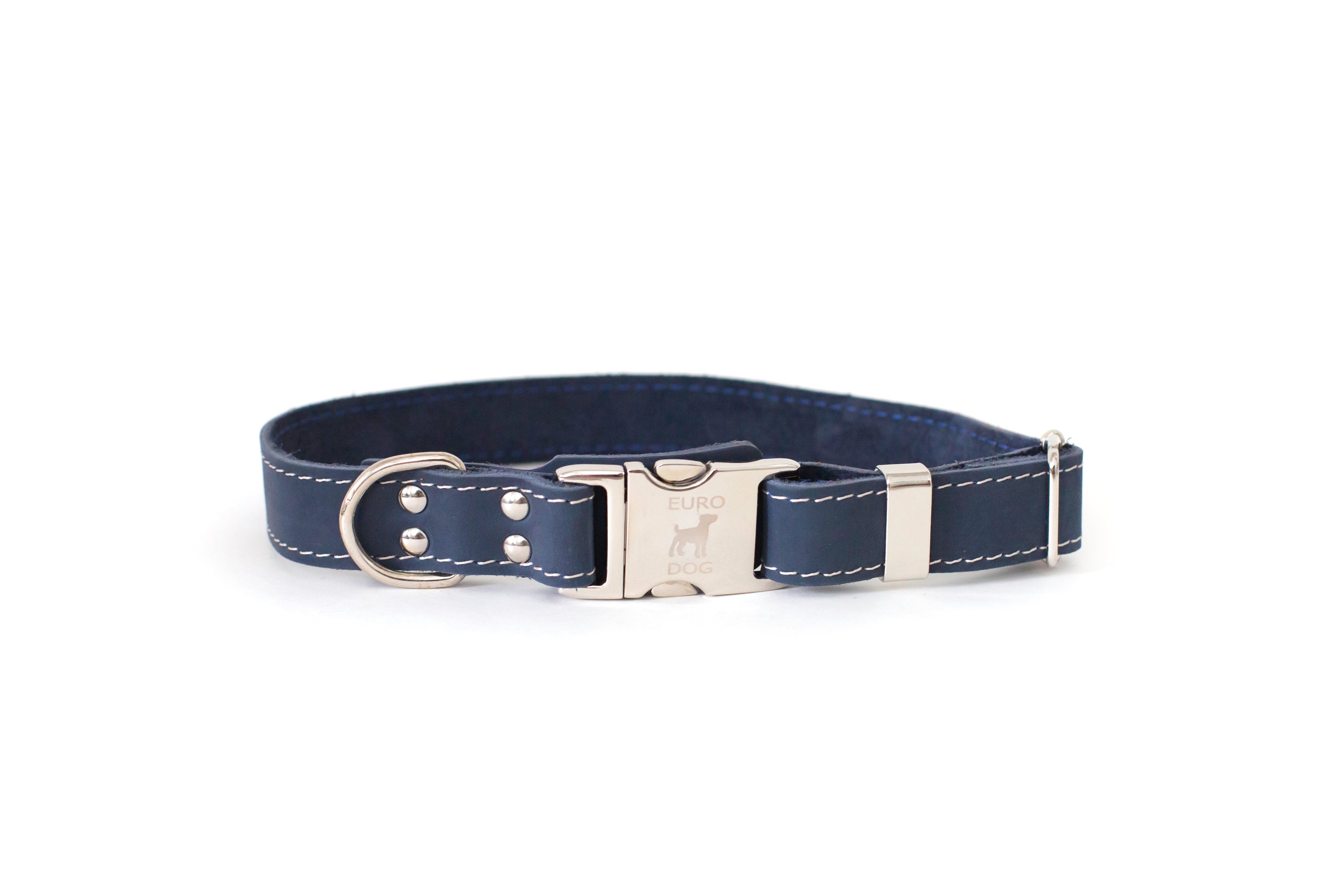 Leather collar and leash set with quick-release buckle from Euro-Dog Collars and Leads, displayed on a neutral background.