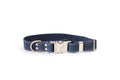 Blue leather dog collar with metal buckle from Euro-Dog Collars, featuring a quick-release design for easy fitting.
