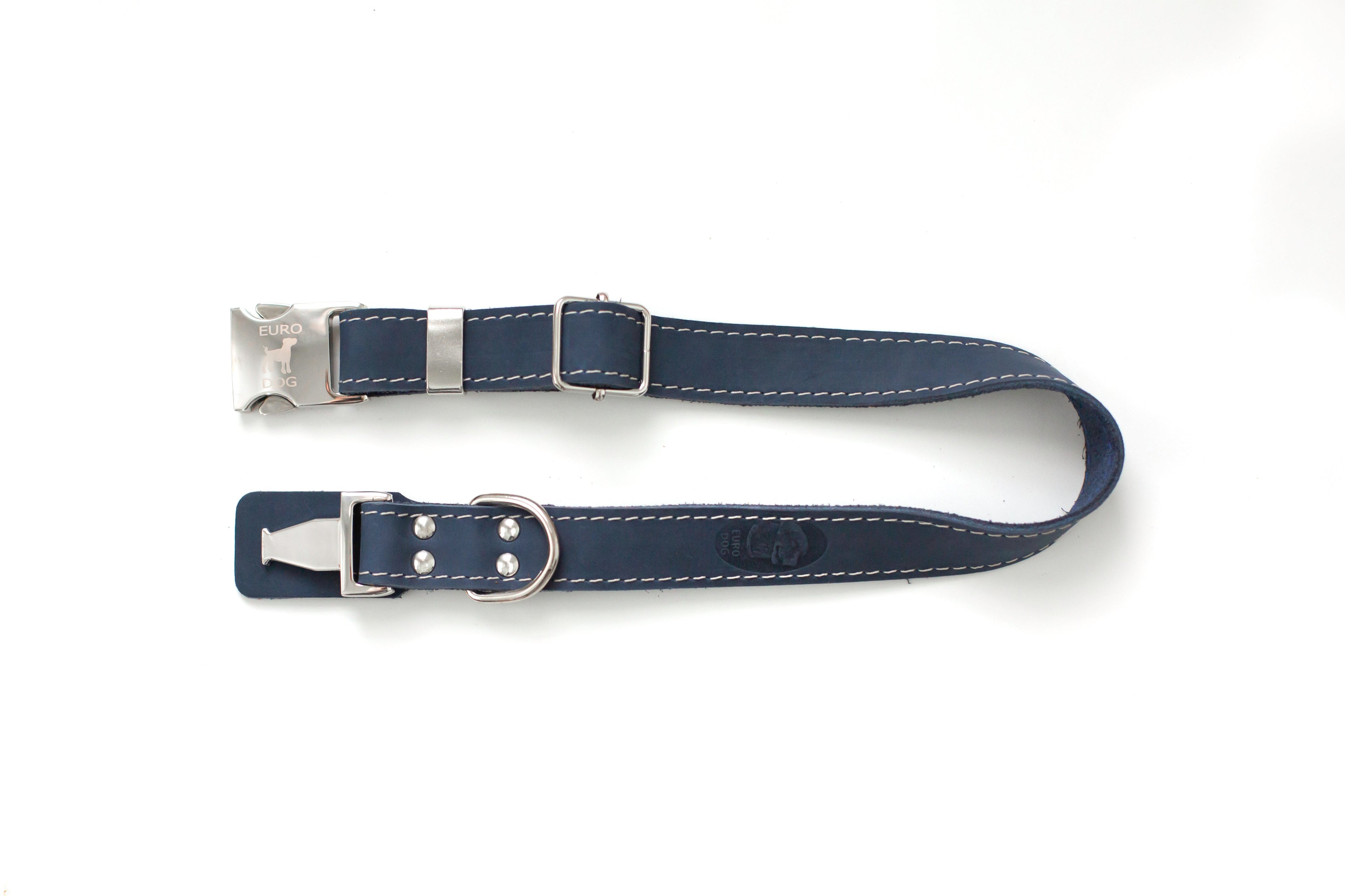 Blue leather dog collar with metal buckle from Euro-Dog Collars, featuring a quick-release design and sturdy construction.