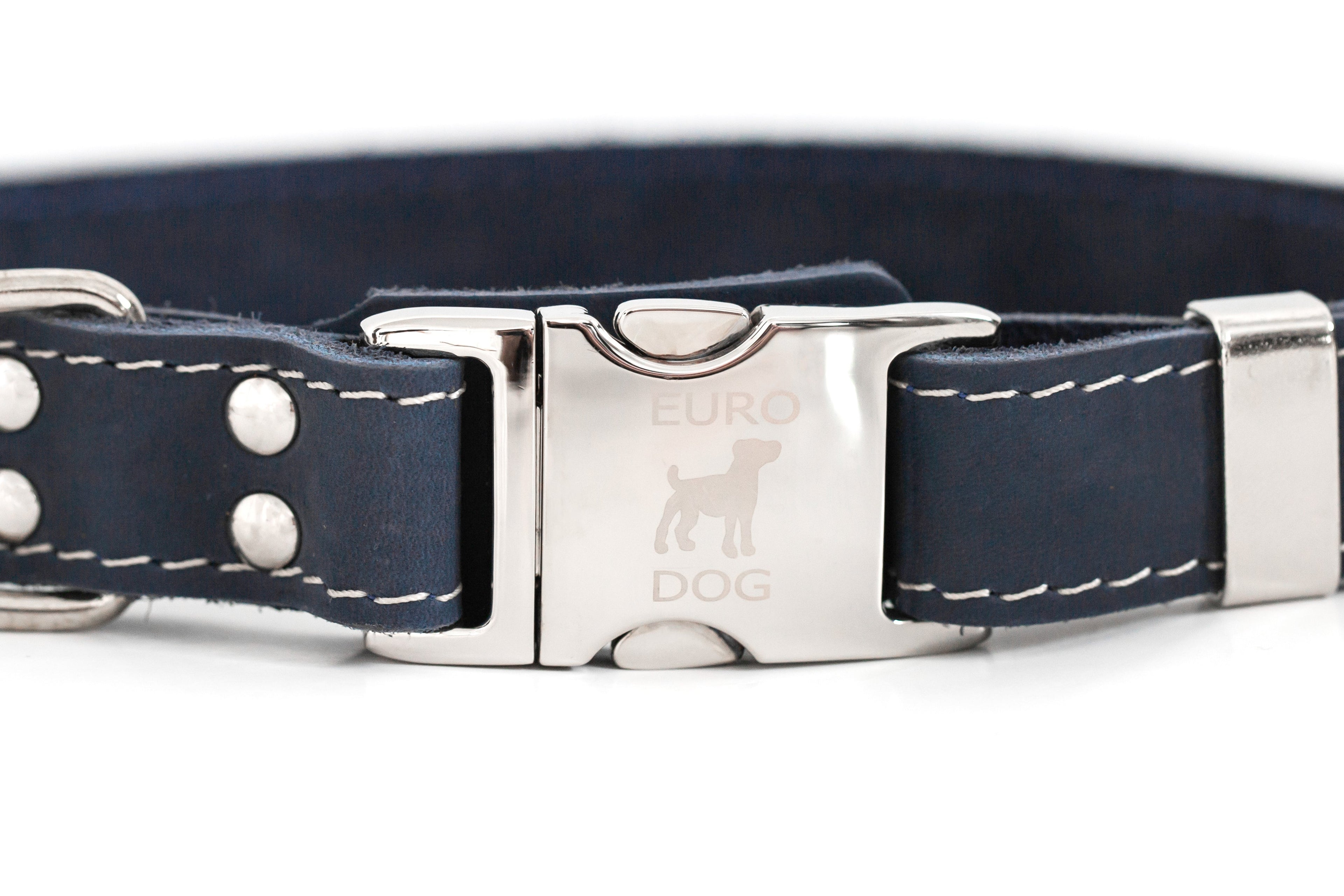 Blue leather dog collar with metal buckle from Euro-Dog Collars, featuring a quick-release design and sturdy construction.