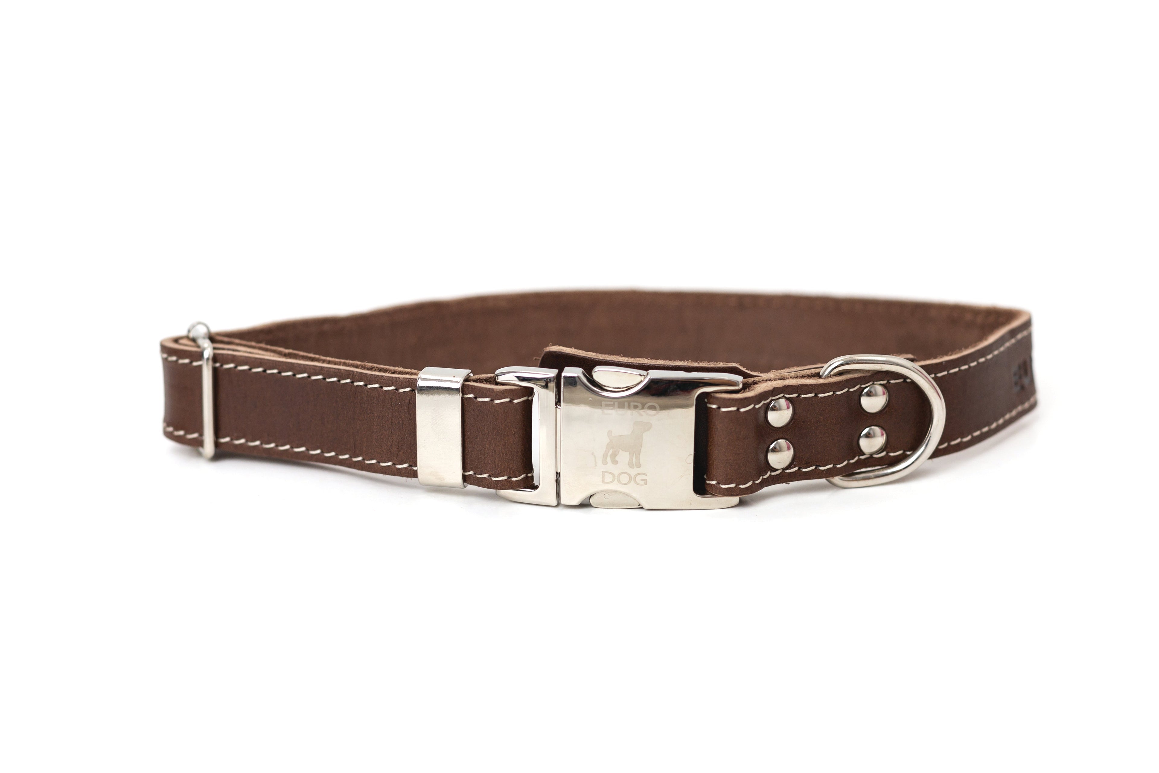 Leather collar and leash set with quick-release buckle from Euro-Dog Collars and Leads, showing a sturdy, stylish pet accessory.