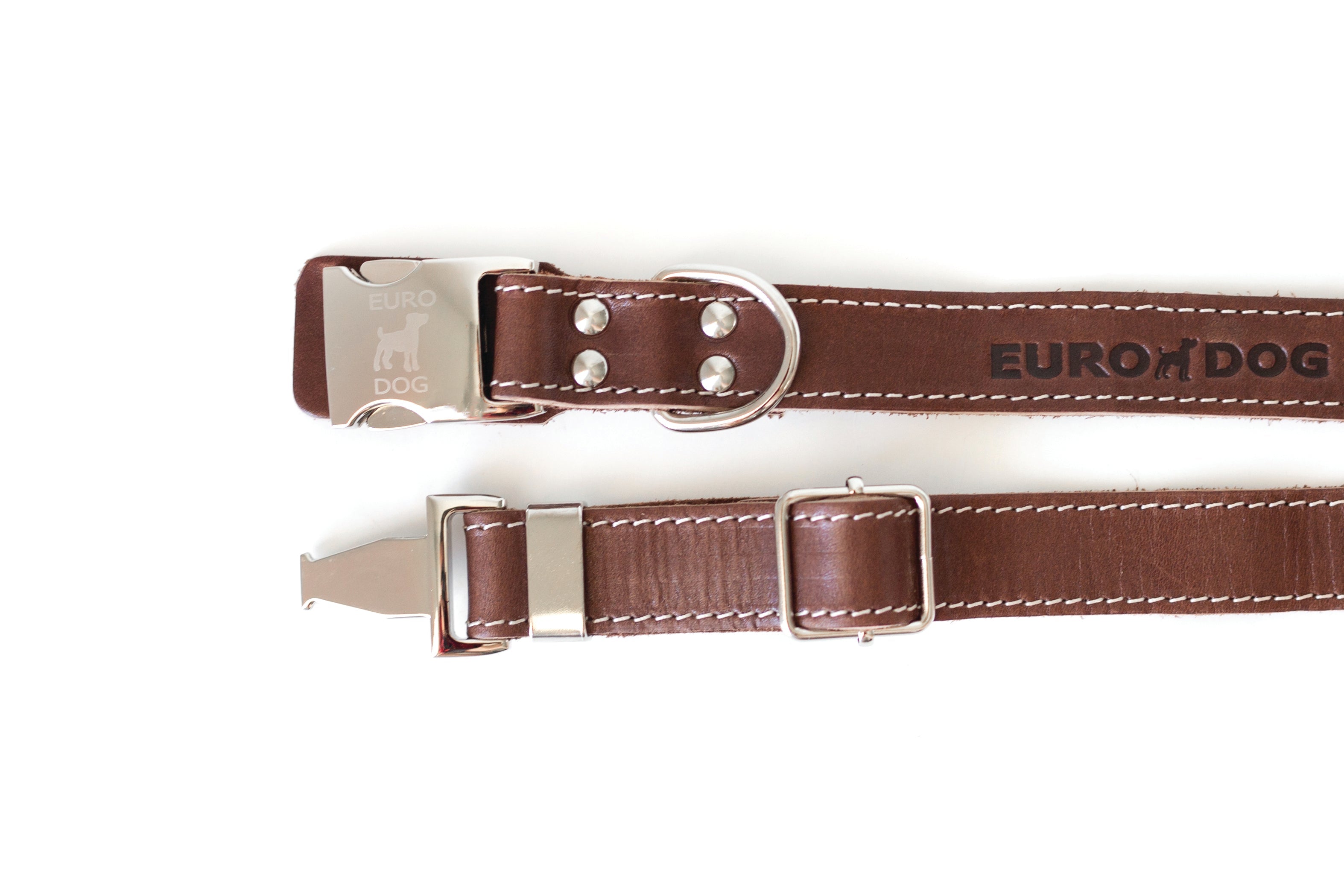 Euro-Dog Collars Pro Line chocolate leather dog collar with quick-release buckle and metal hardware for secure fit.