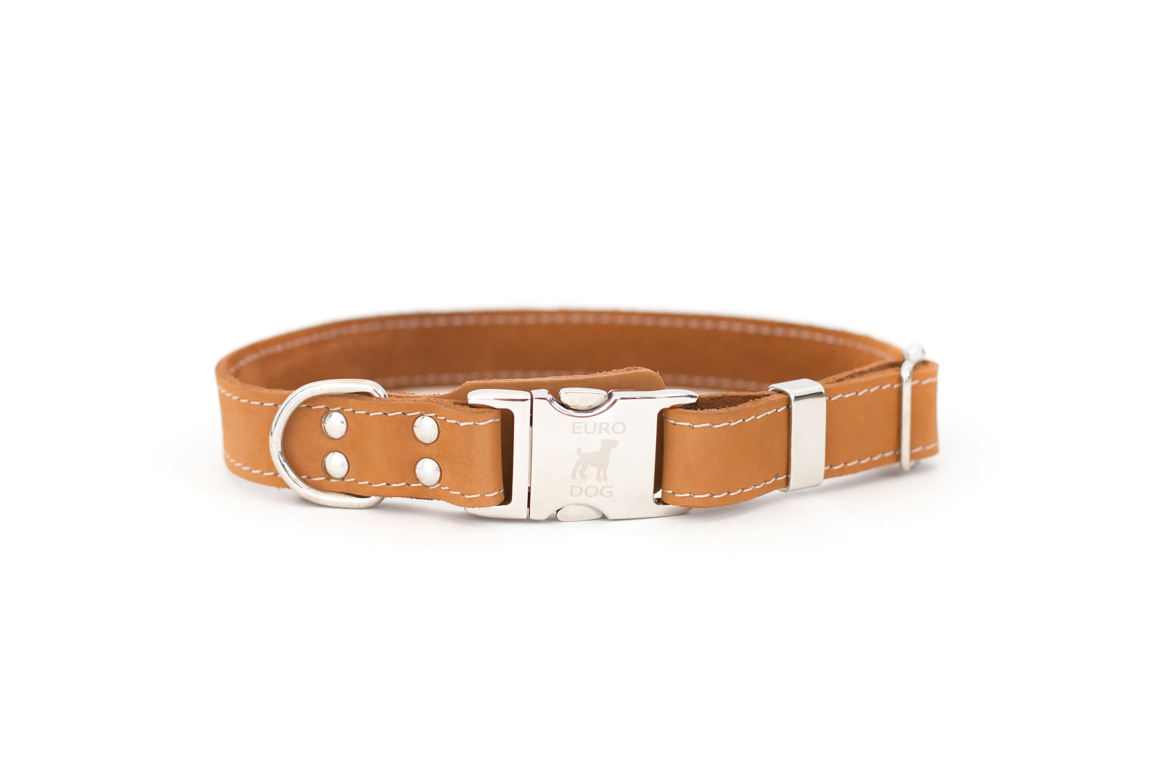 Euro-Dog Collars khaki leather dog collar with quick-release metal buckle, durable and stylish for medium to large dogs.