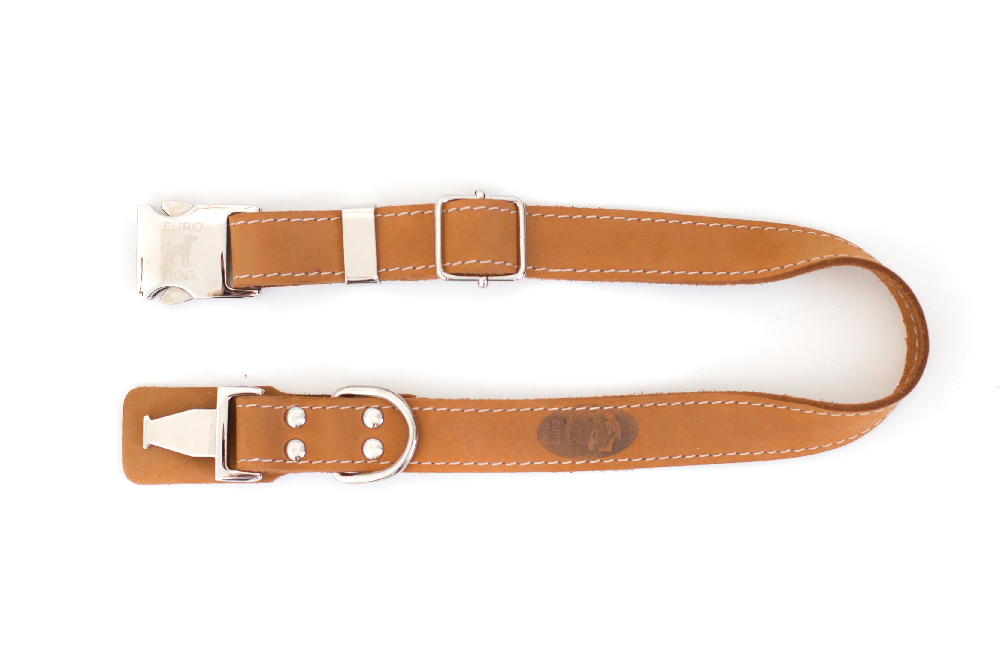 Khaki leather dog collar with metal buckle, Pro Line Quick-Release model by Euro-Dog Collars, for secure and stylish pet fastening.