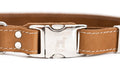 Khaki leather dog collar with metal buckle from Euro-Dog Collars, featuring a quick-release design for easy fitting.