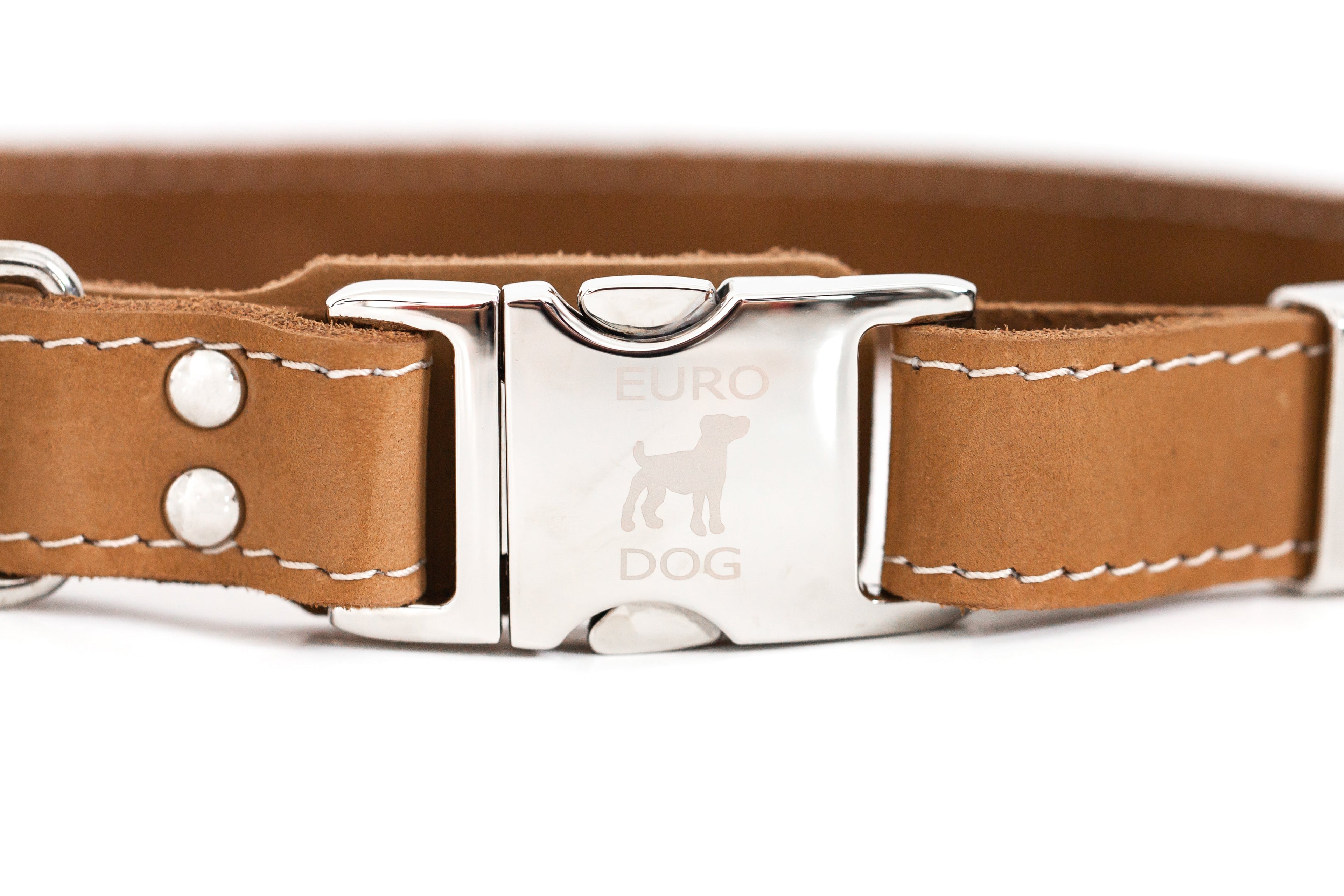 Khaki leather dog collar with metal buckle from Euro-Dog Collars, featuring a quick-release design for easy fitting.