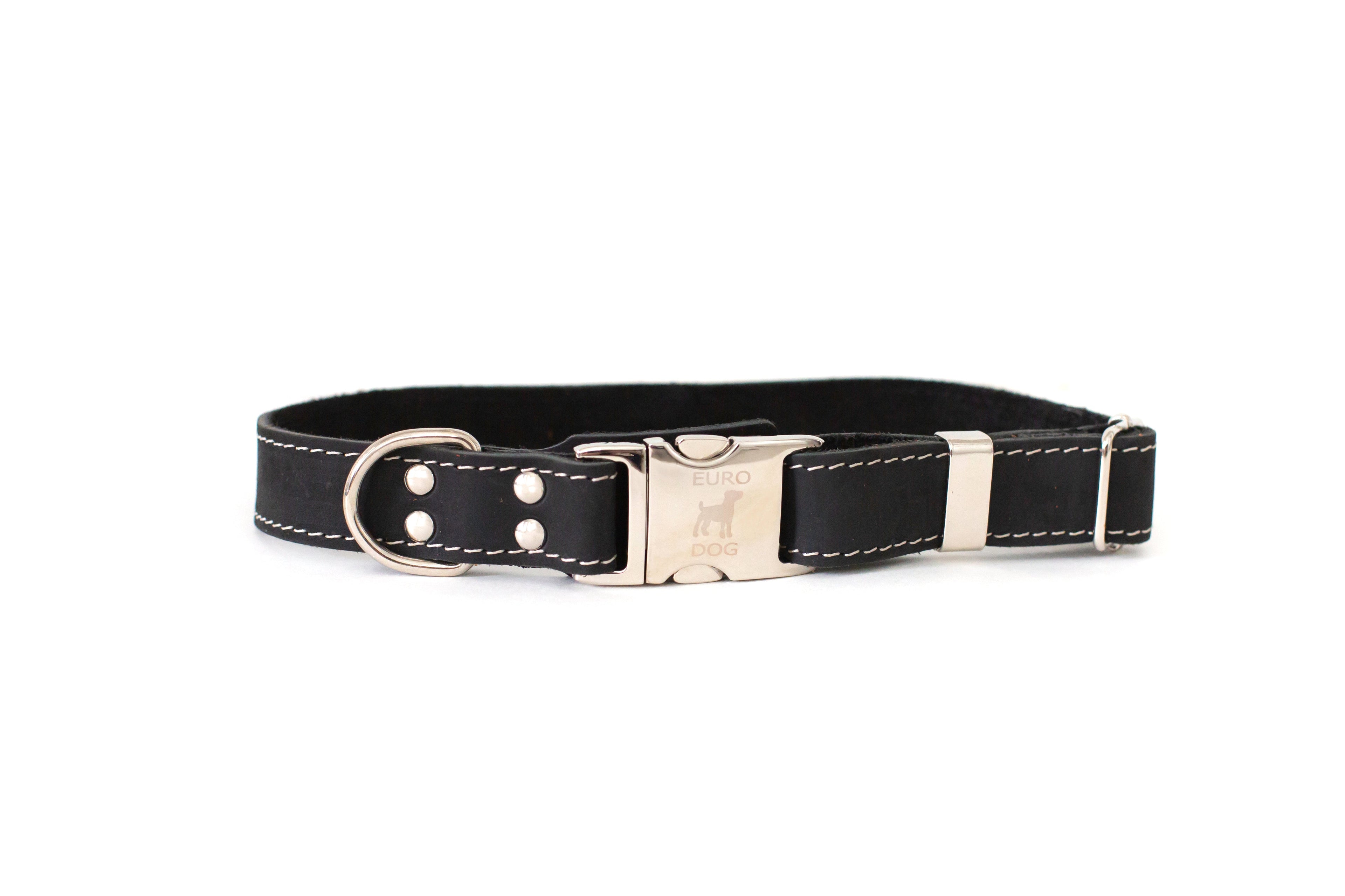 Midnight black leather dog collar with quick-release buckle and metal hardware, stylish and durable for small or large dogs.