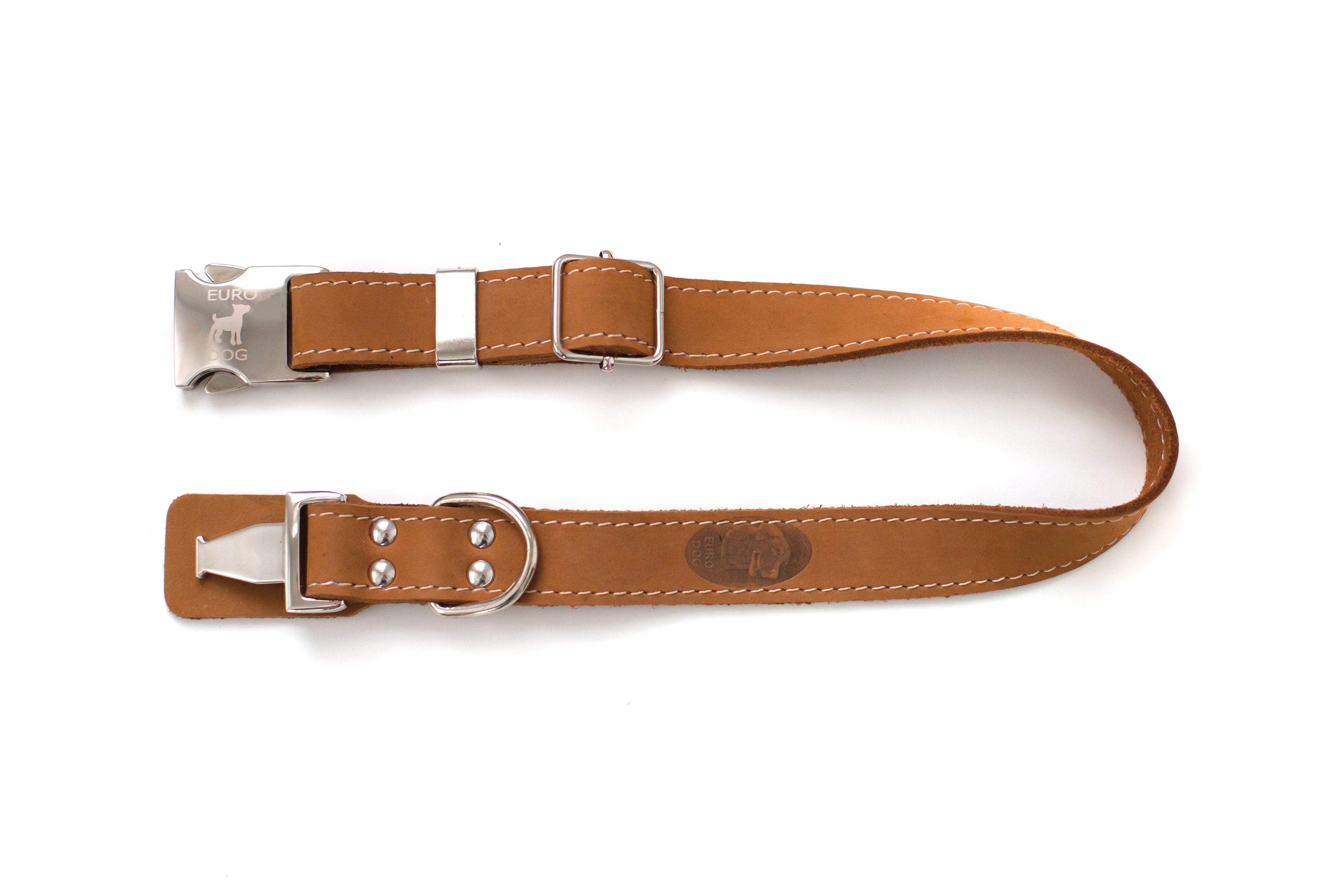 Earth brown leather dog collar with metal buckle from Euro-Dog Collars, featuring quick-release design and sturdy craftsmanship.