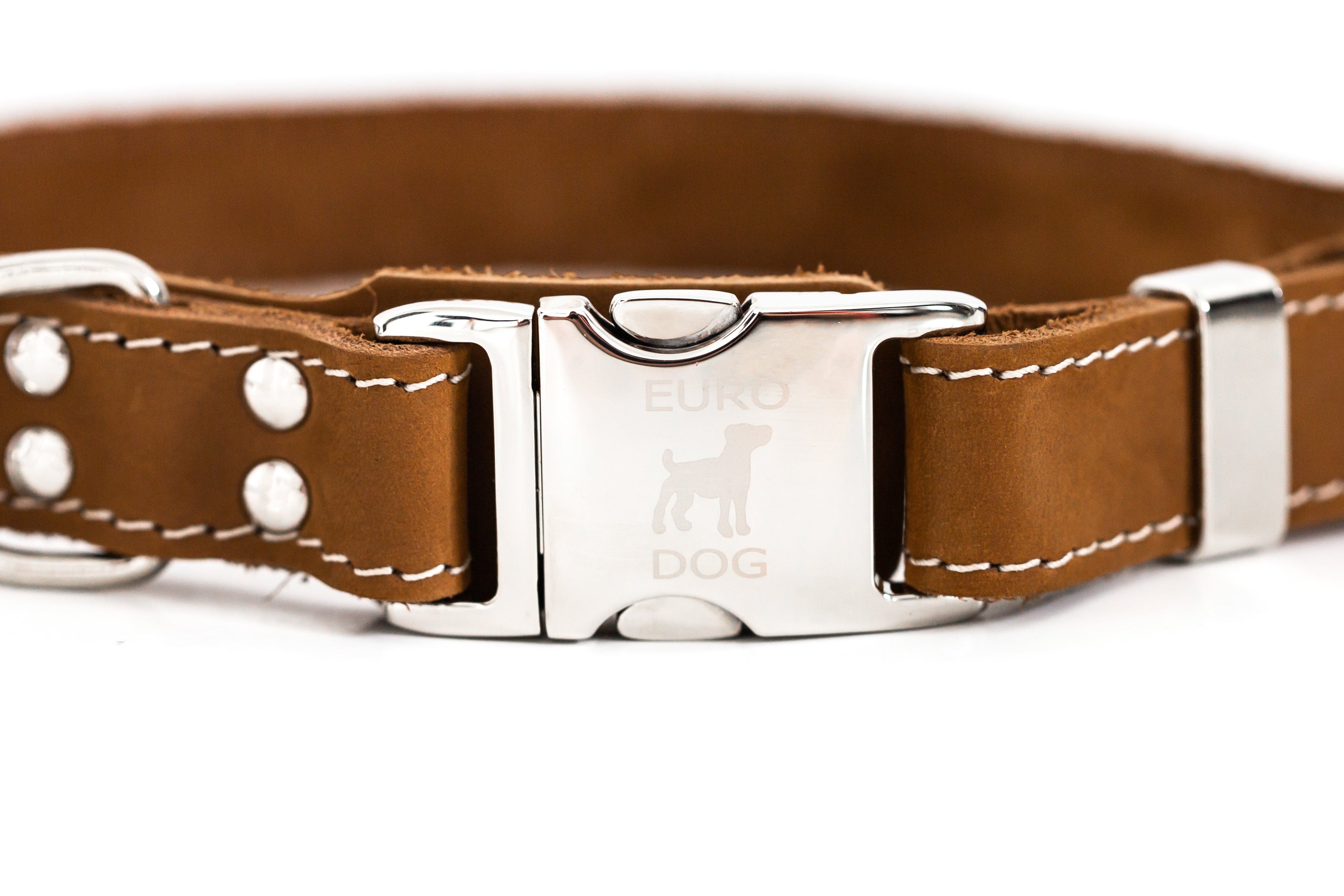 Earth brown leather dog collar with metal buckle from Euro-Dog Collars and Leads, quick-release design, durable and stylish.